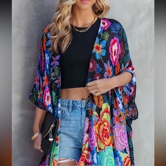 NEW Plus Size Stunning Semi Sheer Boho Kimono Cover Up Chiffon Floral Vibrant - Picture 1 of 13